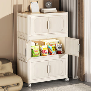 English Elm Cream 4-Tier Folding Storage Cabinet On Wheels – Versatile, Collapsible & Durable Organization Solution W2873P239387