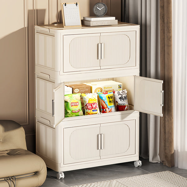 English Elm Cream 4-Tier Folding Storage Cabinet On Wheels – Versatile, Collapsible & Durable Organization Solution W2873P239387