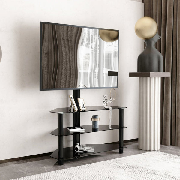 English Elm 35.4 Inch Floor Tv Stand Aluminum Pole Swivel Bracket Tempered Glass Shelves Black W241104068
