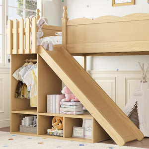 English Elm Twin Loft Bed Solid Pine Frame with Wardrobe Shelving Detachable Slide Kids Room Natural W5305S00017