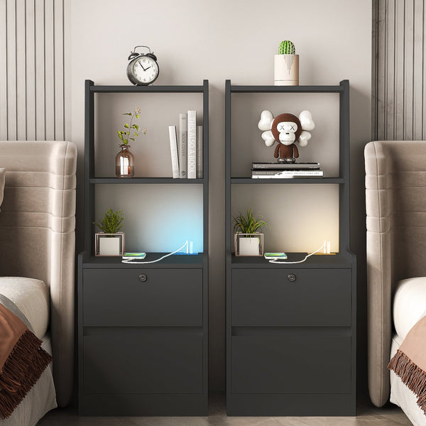 English Elm Nightstand Voice Controlled Night Light & Charging Station with LED Colors, USB+AC Storage Cabinet Black W1321P151791