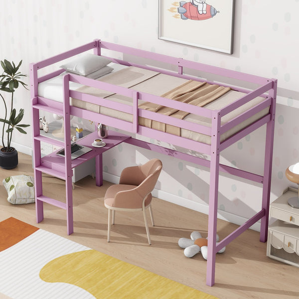 English Elm Twin High Loft Bed with Built-In Desk and Ladder — Space-Saving Rubberwood Study & Sleep Solution Pink W504P206981