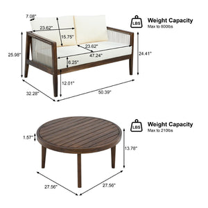 English Elm Outdoor Acacia Wood Loveseat Set with Rope Woven Panels and Matching Coffee Table Beige,Dark Brown N768P408131D