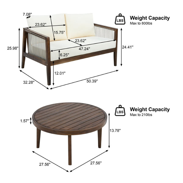 English Elm Outdoor Acacia Wood Loveseat Set with Rope Woven Panels and Matching Coffee Table Beige,Dark Brown N768P408131D