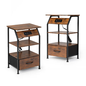 English Elm Set of 2 Nightstands with Built-In USB & Outlet Charging Station, Fabric Drawers, Open Shelves for Bedroom Rustic Brown W2181P191358