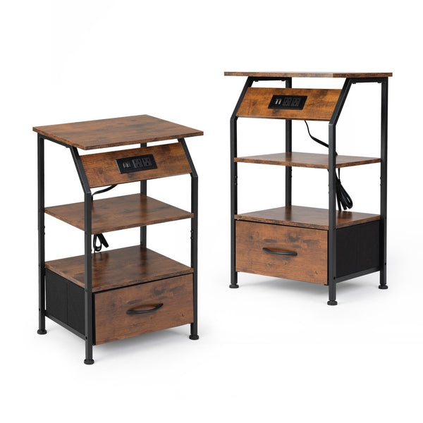 English Elm Set of 2 Nightstands with Built-In USB & Outlet Charging Station, Fabric Drawers, Open Shelves for Bedroom Rustic Brown W2181P191358