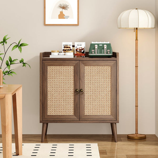 English Elm Sideboard Rattan Door Buffet Cabinet with Baffle Edge, Spacious Storage Credenza for Dining Hallway Vintage T3623P381056