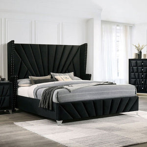 English Elm Bedroom Wooden Queen Bed with High Panel Headboard, Gold Trim Accent, Modern Luxury Design Black 84 L x 40.5 W x 3.3 H B2741S00113