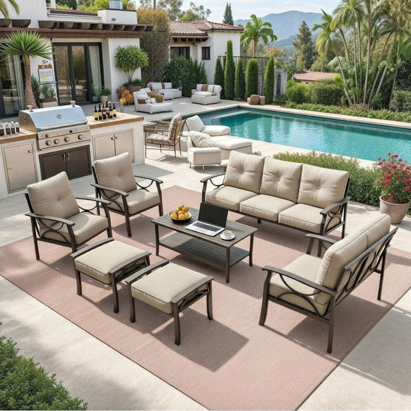 English Elm 7-piece Outdoor Sectional Set Steel Frame 9 Seat Patio Conversation with Cushioned Ottomans Beige B082S00119