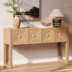 English Elm [video] Art Deco Console Table Geometric Carved Fronts Fluted Legs 3 Soft-close Drawers Light Brown N759P433572T