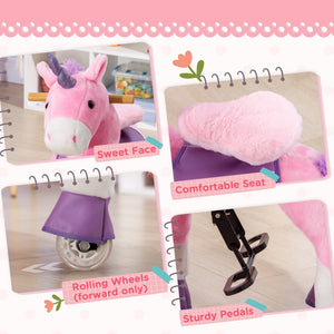 English Elm Qaba Plush Unicorn Ride on Toy with Pedal Wheels Steel Frame for Kids Ages 3 to 6 W2225P229645