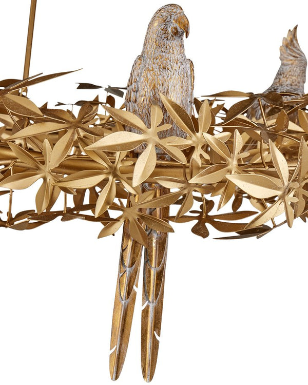Currey & Company Aviary Gold Ring Chandelier - Elegant Botanical Design With Sculptural Birds And Adjustable Height Gold Wrought Iron ,Composite 9000-1320-currey-company