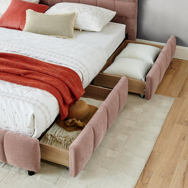 English Elm California King Upholstered Bed Frame - Soft Pink Chenille, Padded Headboard & Hidden Storage Drawers W487P311313