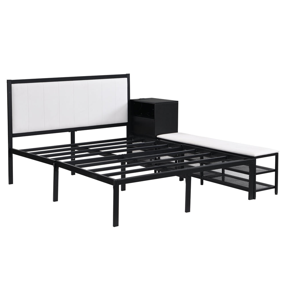 English Elm Full Metal Platform Bed With Stylish Two-Tier Storage Shelves & Cozy Upholstered Headboard, Black N737P199334B