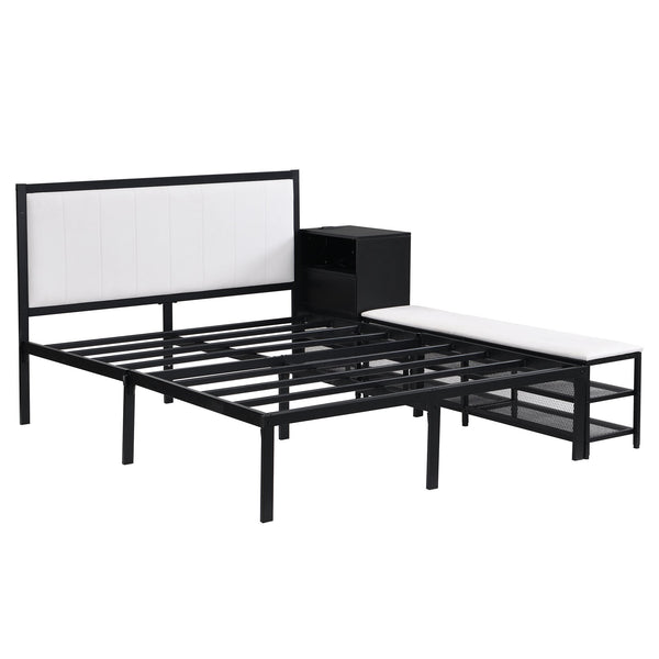 English Elm Full Metal Platform Bed With Stylish Two-Tier Storage Shelves & Cozy Upholstered Headboard, Black N737P199334B