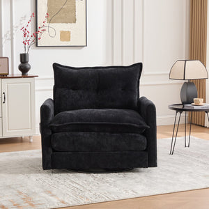 English Elm UNITED Swivel Barrel Chair with Chenille Upholstery, 360° Smooth Rotation, Padded Arm Comfort and Side Pockets for Living Room Relaxation Black W1568P290088