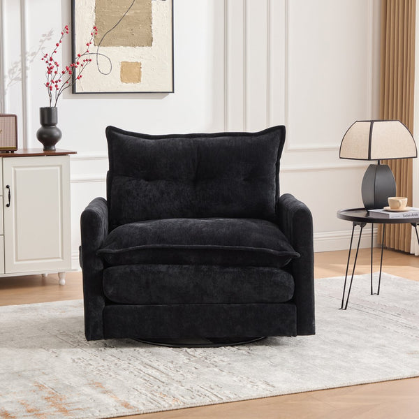 English Elm UNITED Swivel Barrel Chair with Chenille Upholstery, 360° Smooth Rotation, Padded Arm Comfort and Side Pockets for Living Room Relaxation Black W1568P290088