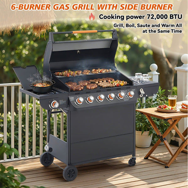 English Elm 6 Burner Propane Grill with Cast Iron Grates Side 72000 Btu Outdoor Patio W1820P341740