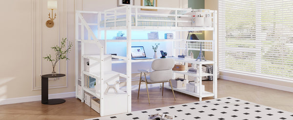 English Elm Full Size Steel Loft Bed with Staircase Storage Wardrobe Desk and Led Lighting White W2593S00059