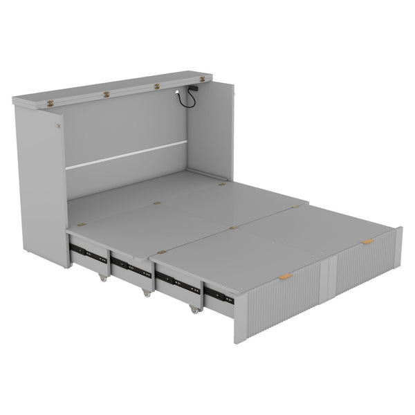 English Elm 3/3 Full Murphy Bed Cabinet with Usb Charging Drawer and Pulley Fold Down Frame WF319853AAE