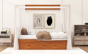 English Elm Wooden Canopy Queen Bed Solid Frame with Built-in Storage Drawers Slatted Base Walnut N7090005036L