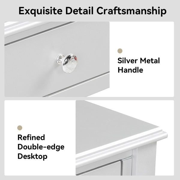 English Elm Luxury Makeup Vanity Desk with Oval Mirror and Engraved Floral Frame, Velvet Jewelry Tray, Durable Drawers and Elegant Console for Bedroom & Living Room Decor Silver N844P292481S