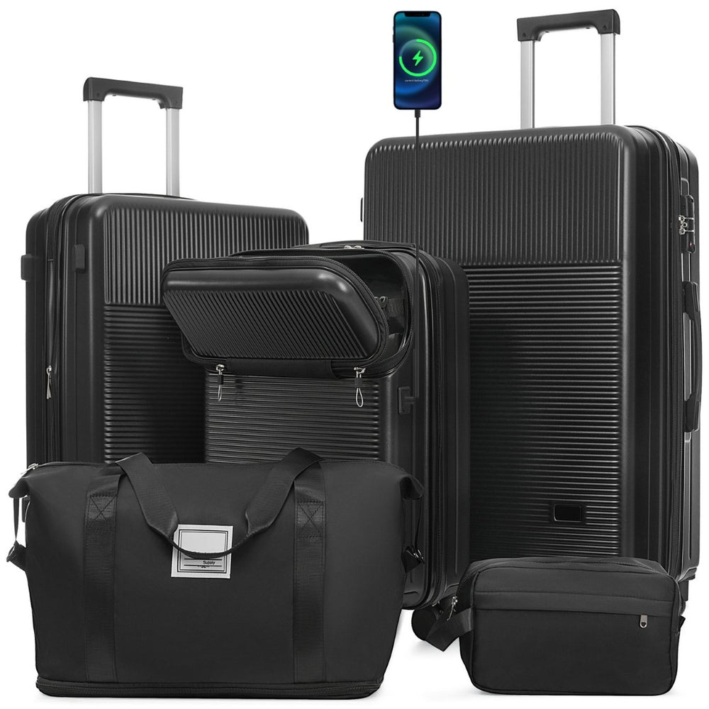 English Elm Luggage 5 Piece Hardside Abs Set with Front Access Carry on and Tsa Spinner Wheels Black N732P391579B