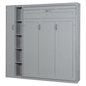 English Elm Full Size Murphy Bed with Open Shelving Wardrobe and Led Lighting for Studio Spaces Gray LP000898AAE-1
