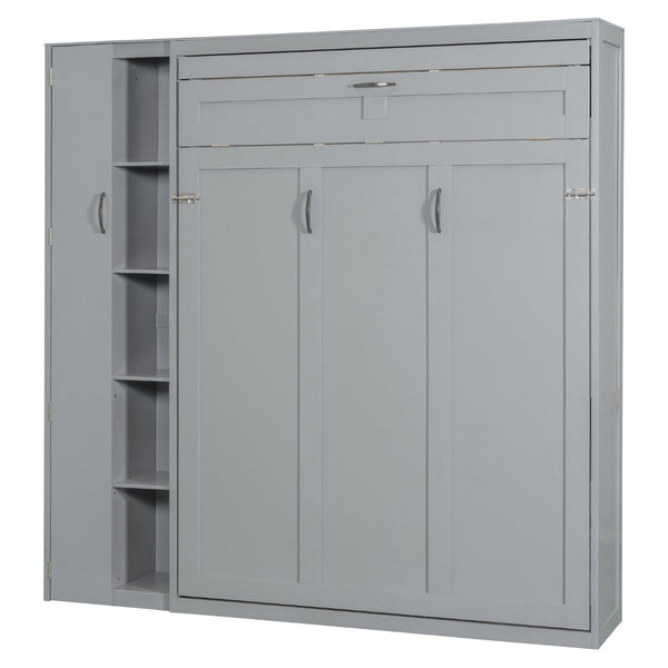 English Elm Full Size Murphy Bed with Open Shelving Wardrobe and Led Lighting for Studio Spaces Gray LP000898AAE-1