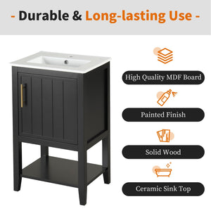English Elm 20" Matte Freestanding Bathroom Vanity Rubberwood Cabinet Ceramic Sink Open Shelf Black N725P391115B