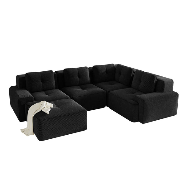 English Elm Modern Corduroy Sectional Sofa Deep Seat V Shape Tufted Couch with Movable Ottoman Black W714S01585