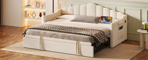 English Elm Upholstered Twin Daybed with Pop-Up Trundle, Built-In USB Type-C Charger, Side Pockets, Velvet Frame Beige 77.25 L x 17.25 W x 5.31 H N733S285118A