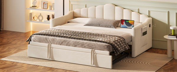 English Elm Upholstered Twin Daybed with Pop-Up Trundle, Built-In USB Type-C Charger, Side Pockets, Velvet Frame Beige 77.25 L x 17.25 W x 5.31 H N733S285118A