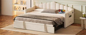 English Elm Upholstered Twin Daybed with Pop up Trundle Velvet Frame and Built in Usb Charging Beige N733S410648A