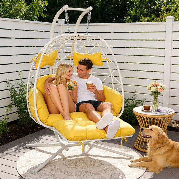 English Elm 2 Person Wicker Hanging Egg Chair with Stand Padded Swing for Patio Garden T5880P500210