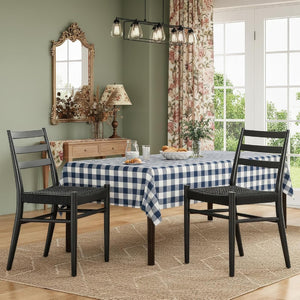 English Elm Dining Chairs with Handwoven Rope Seats and Iron Frame Mid Century Modern Set of 2 Black T3623P438626
