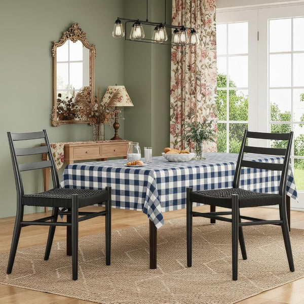 English Elm Dining Chairs with Handwoven Rope Seats and Iron Frame Mid Century Modern Set of 2 Black T3623P438626