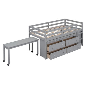 English Elm Twin Loft Bed Pinewood Frame Four Drawers Retractable Study Desk Kids Bedroom Gray LT000368AAE