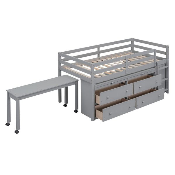 English Elm Twin Loft Bed Pinewood Frame Four Drawers Retractable Study Desk Kids Bedroom Gray LT000368AAE