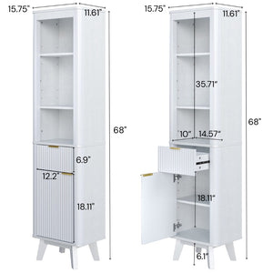 English Elm 68" Tall Fluted Freestanding Storage Cabinet with Drawer and Adjustable Shelf for Bathroom White N817P375218W