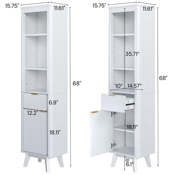 English Elm 68" Tall Fluted Freestanding Storage Cabinet with Drawer and Adjustable Shelf for Bathroom White N817P375218W