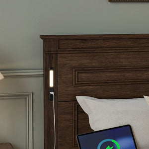 English Elm King Pine Wood Storage Bed with Led Lighting Usb Charging Tall Panel Headboard Walnut W504S00270