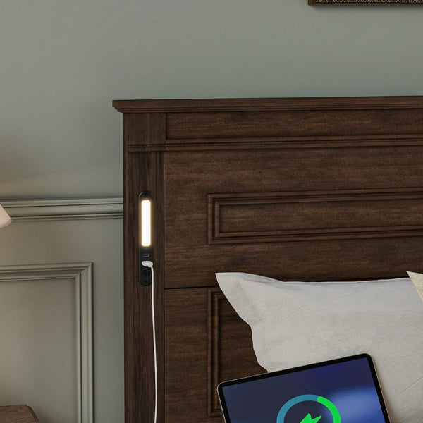 English Elm King Pine Wood Storage Bed with Led Lighting Usb Charging Tall Panel Headboard Walnut W504S00270