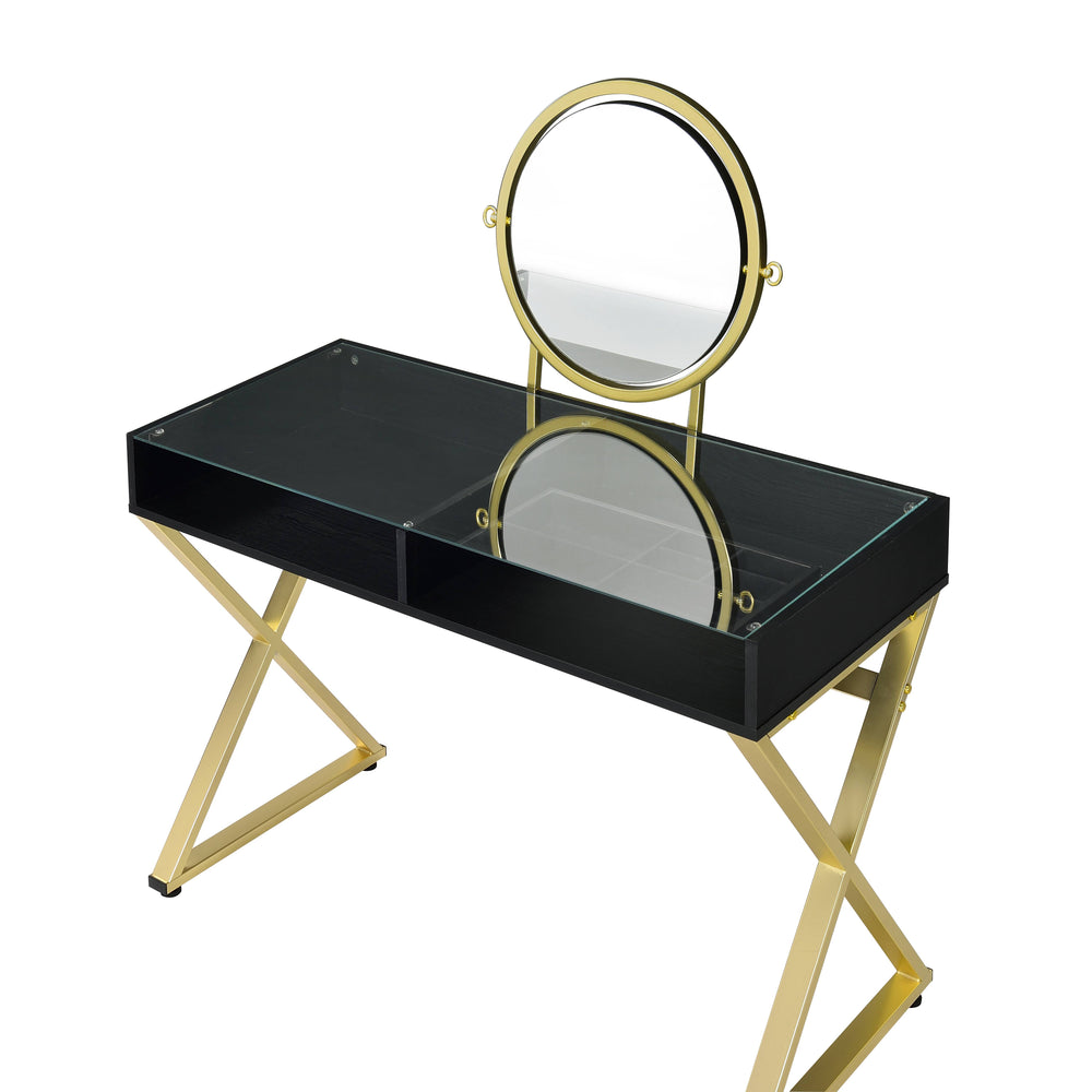 English Elm Coleen Black & Gold Vanity Desk with Mirror and Jewelry Tray — Metal Frame, 2 Drawers, Chic Storage B2726P315736