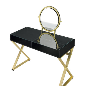 English Elm Coleen Black & Gold Vanity Desk with Mirror and Jewelry Tray — Metal Frame, 2 Drawers, Chic Storage B2726P315736