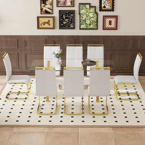 English Elm Table Elegant Transparent Glass Dining Set - 71"X35.4" With 8 White Pu Chairs & Golden Legs W1151S02360-GIGA
