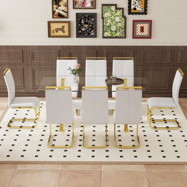 English Elm Table Elegant Transparent Glass Dining Set - 71"X35.4" With 8 White Pu Chairs & Golden Legs W1151S02360-GIGA
