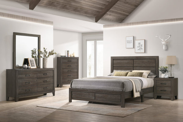 English Elm 1pc Queen Size Panel Bed Headboard with LED Lighting, Sleek Sloping Design and Built-In Shelves for Storage and Ambiance Brown,Gray 65.75 L x 28.35 W x 5.31 H B2741P333934