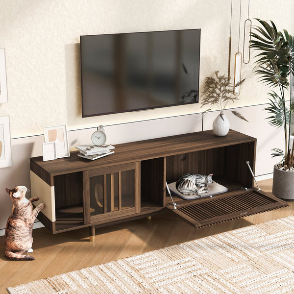 English Elm Mid-Century 74" Walnut TV Stand with Cat Litter House, Sliding Glass Doors, Sisal Scratcher, Sturdy Legs N843P251412W
