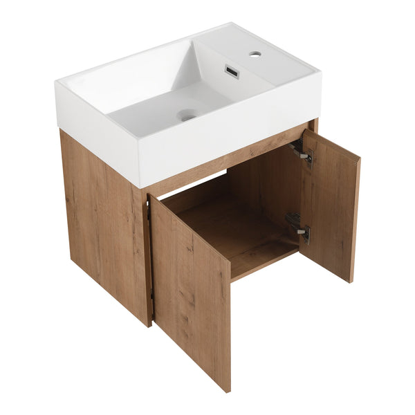 English Elm 24 Inch Bathroom Cabinet Resin Sink Vanity with Soft-Close Doors, Beveled Handle, Water-Resistant Finish Imitative Oak W999P228748